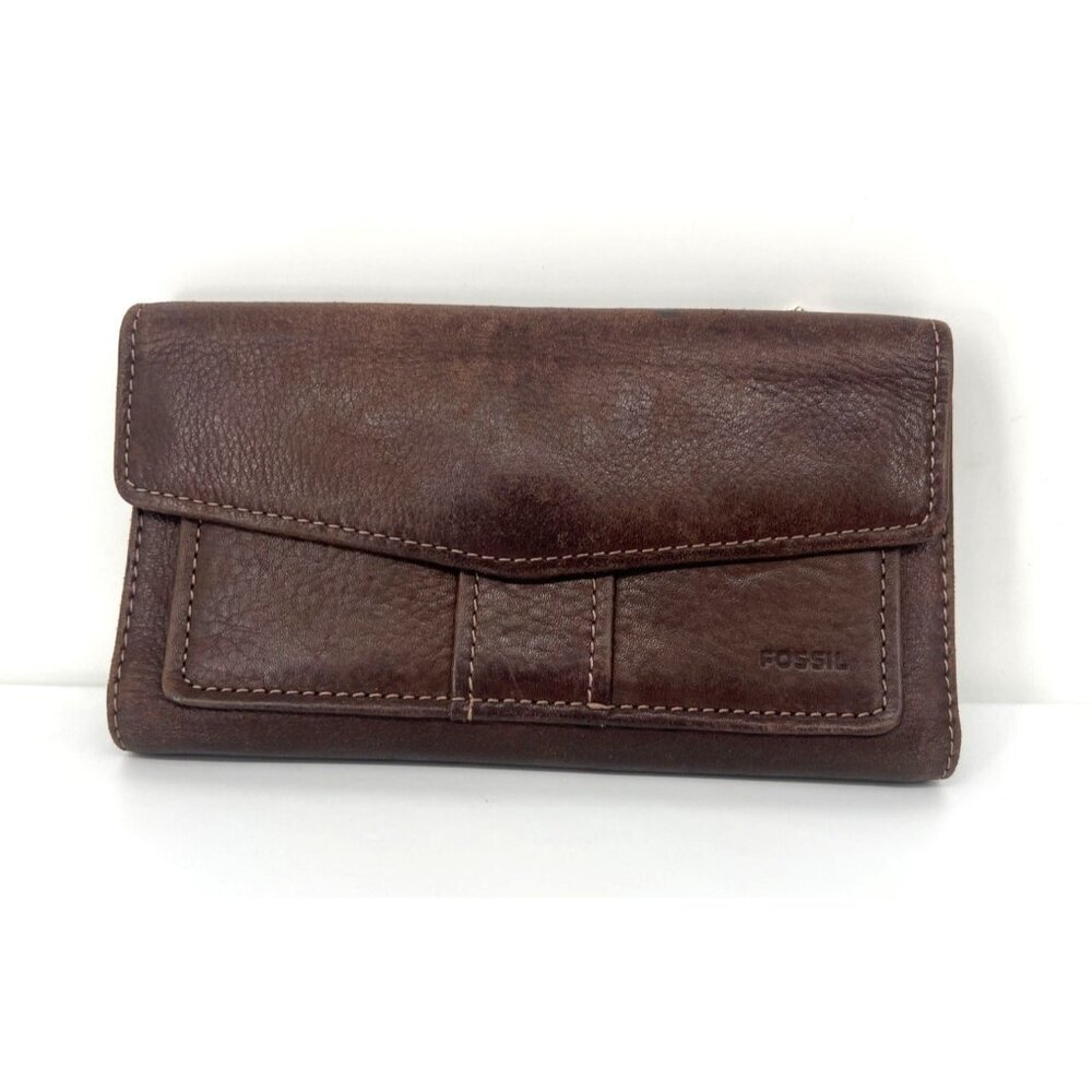 Fossil Womens Trifold Wallet 100% Genuine Leather Brown Snap Closure